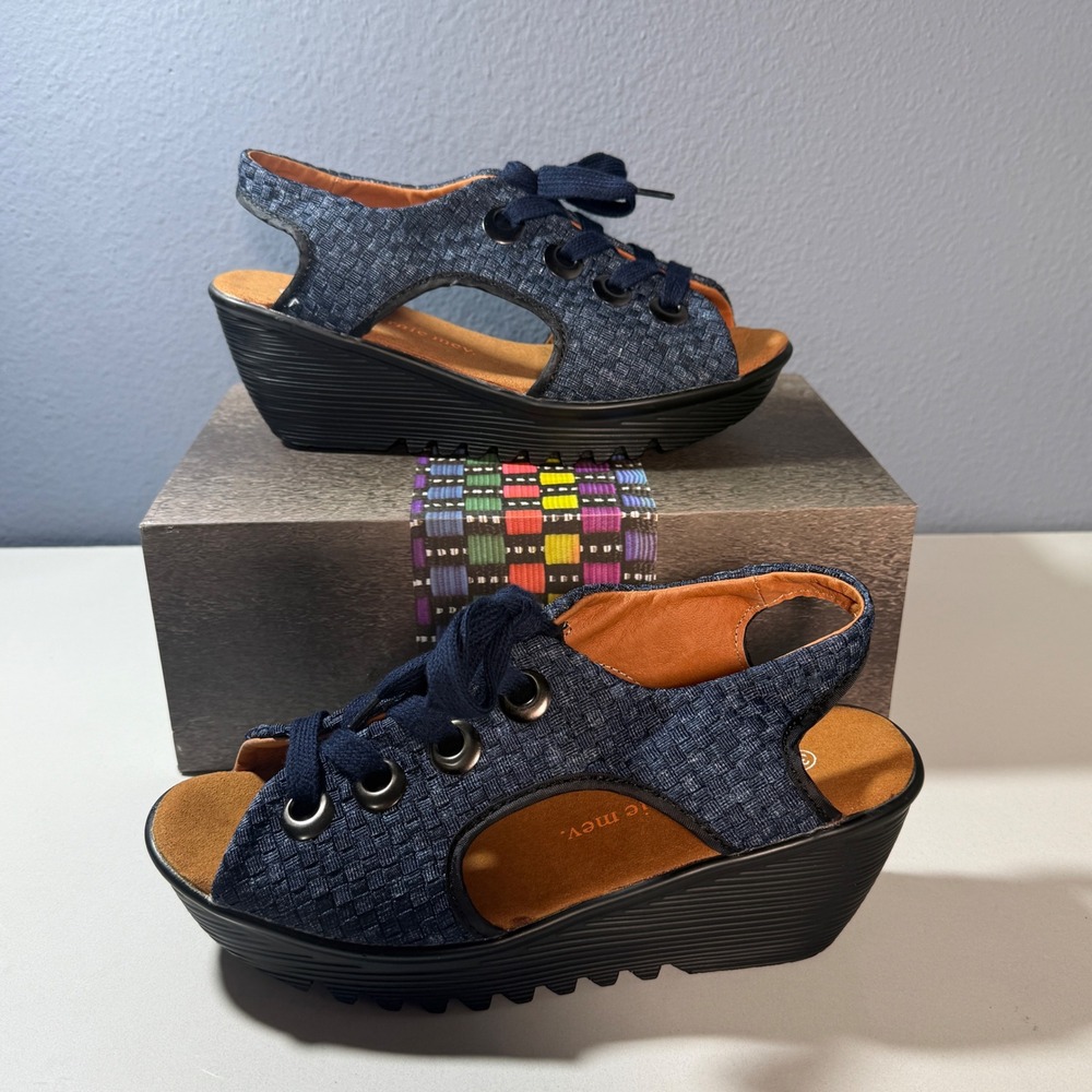 Bernie Mev Marcelo Sandals Womens 39 Jeans Blue New Woven Lace Up Wedge